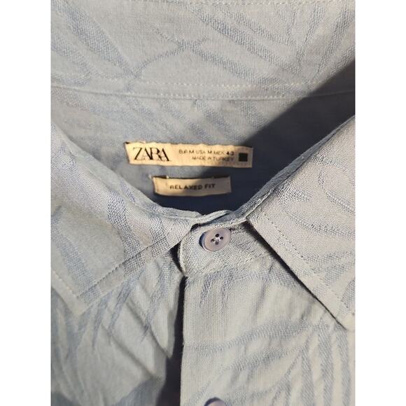 Zara Mens Medium 40 Shirt Blue Floral/Palm Design Regular Long Sleeve Button - Picture 3 of 8